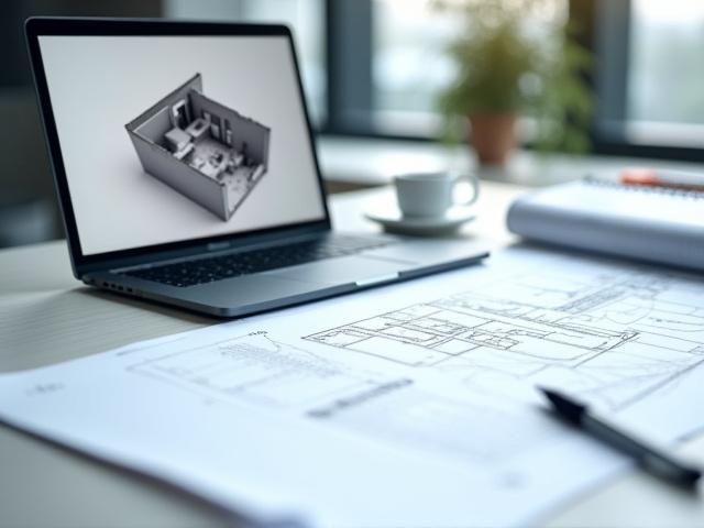 Architectural drawings and a laptop on a modern desk, representing project planning